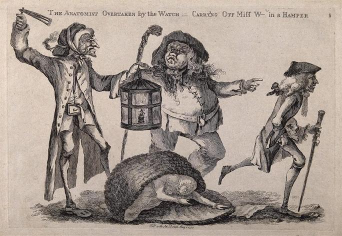 A nightwatchman disturbs a body-snatcher who has dropped the stolen corpse he had been carrying in a hamper, while the anatomist runs away. Etching with engraving by W. Austin, 1773.