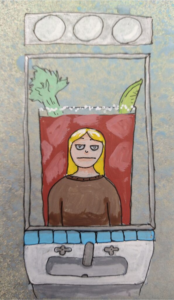 A blonde woman stands, disappointed, in front of a mirror, looking at the giant cocktail behind her.