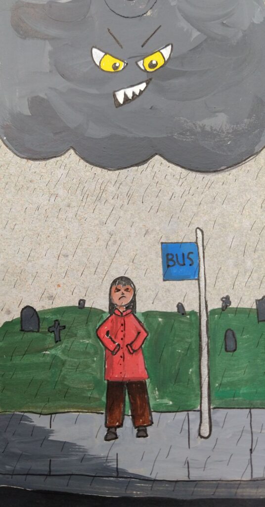 A girl in a red coat waits at a bus stop in front of a cemetery, being pelted by rain. The cloud above her grins in malevolent glee.  