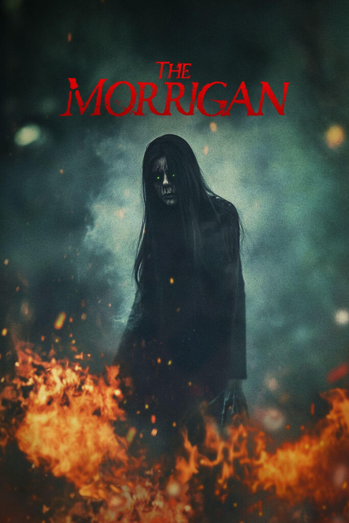 A spooky woman with dark hair and green glowing eyes stands above a fiery foreground
