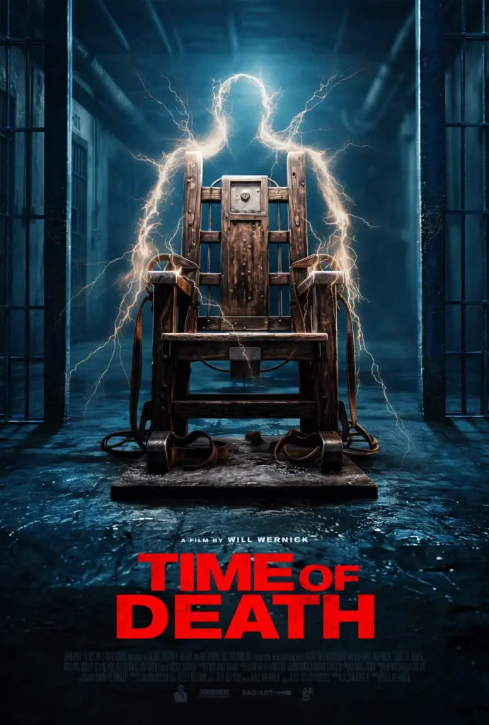 The outline of a man drawn in electricity sits in an old electric chair like a ghost.